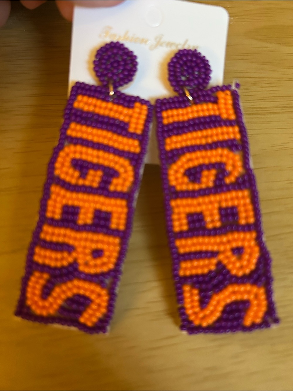 Clemson Beaded 'TIGERS' Statement Earrings in Purple and Orange